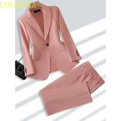 Women Formal Pant Suit Beige Khaki Pink Ladies Blazer Jacket +Trouser Fashion Office Business Work Wear 2 Piece Set