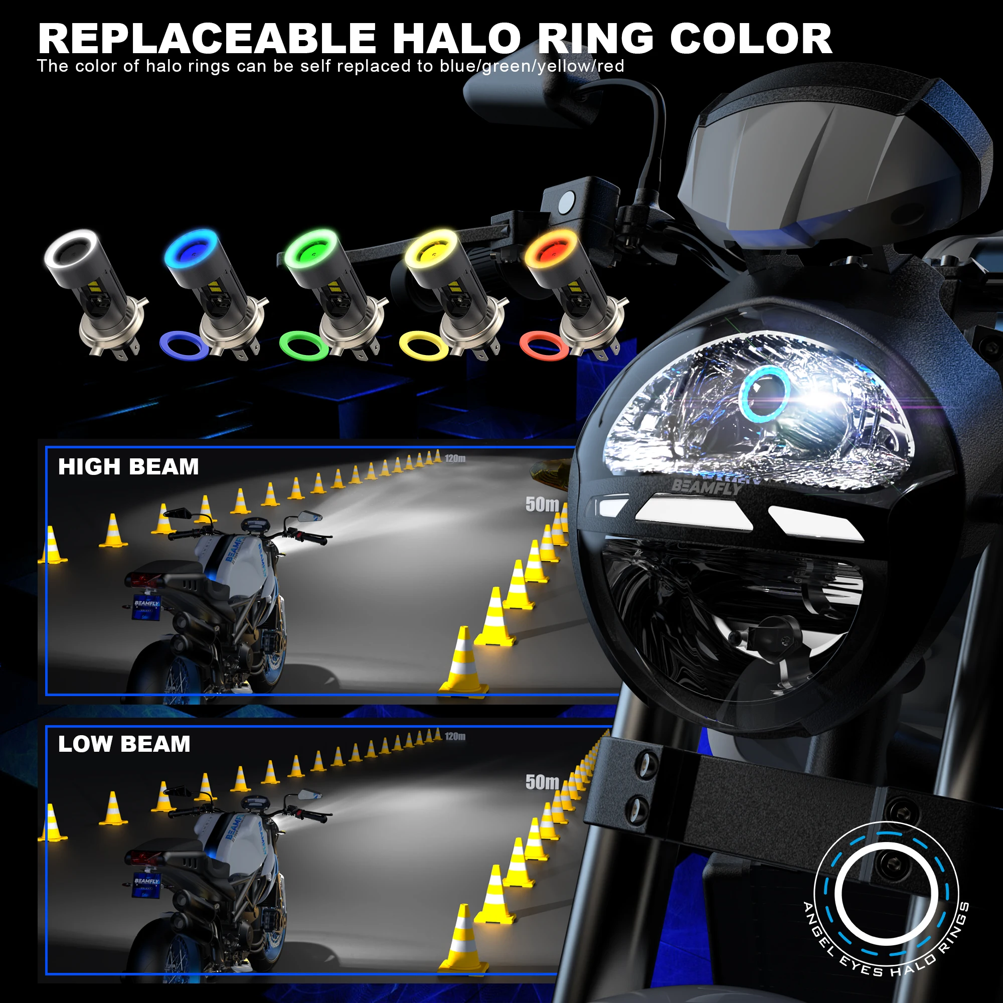 BEAMFLY 30 واط LED مصباح أضاءه أمامي H4 خمسة ألوان خاتم هالة HS1 P43T التوصيل والتشغيل EyeSuper 6000 كيلو Csp التوصيل والتشغيل مصباح دراجة نارية 1 قطعة