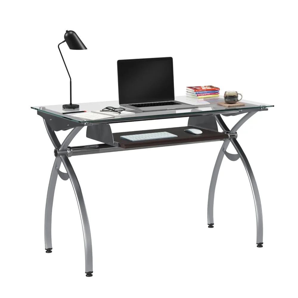 

Glass Top Computer Desk with Keyboard Tray & Silver Legs for Home Office or Study