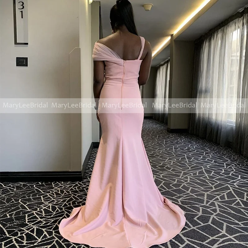 Long Mermaid Pink Bridesmaids Dress Tulle Cap Sleeve Trumpet Crepe Formal Party Dress Women Wedding Guest Dress Maid Of Honor