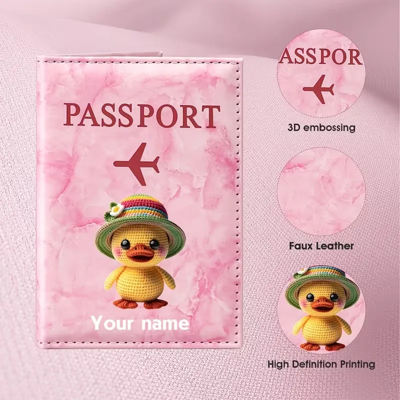 Personalized Custom Name Cute Duck with Straw Hat Illustration Design Passport Holder, Featuring a Yellow Duckling