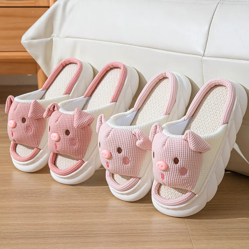 2024 New Pink 3.5cm Fashion Soft Ladies Casual Cute Piggy Pattern Design comode pantofole da casa in lino femminile