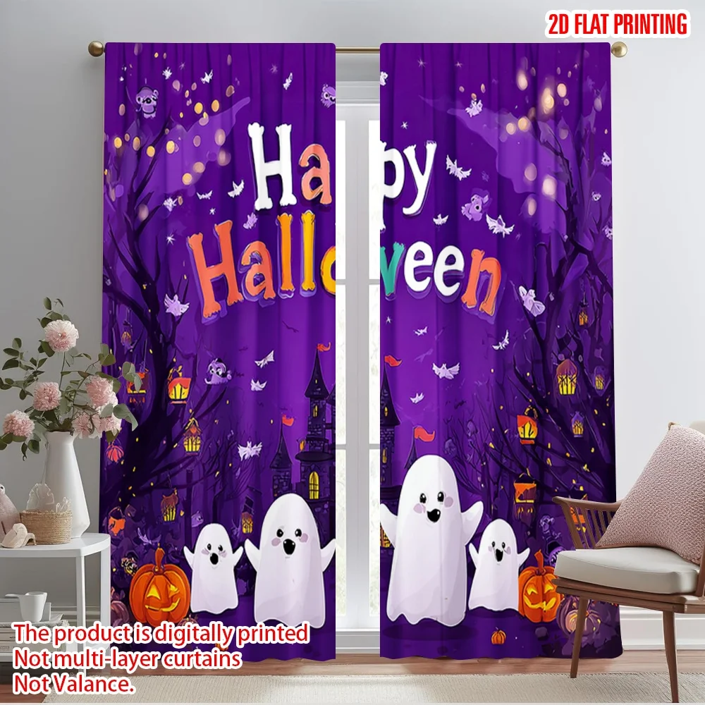 2pcs,2D plane printing Popular Curtain Panels Ghosts_ Pumpkins_ and Bats Polyester Easy Install (without rod) Home Decor Perfect