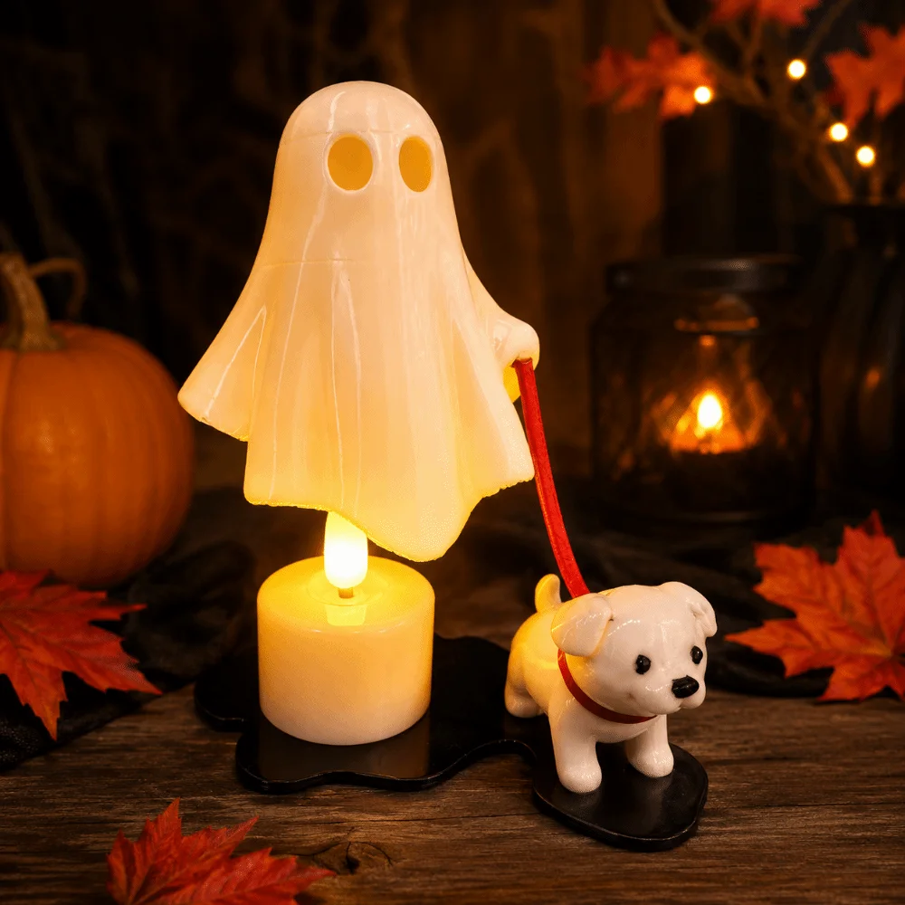 3D Printed Dog-Walking Ghost Decor Ornaments Creative Halloween Decorations Funny Cute Ghost LED Night Light Bedroom Decoration