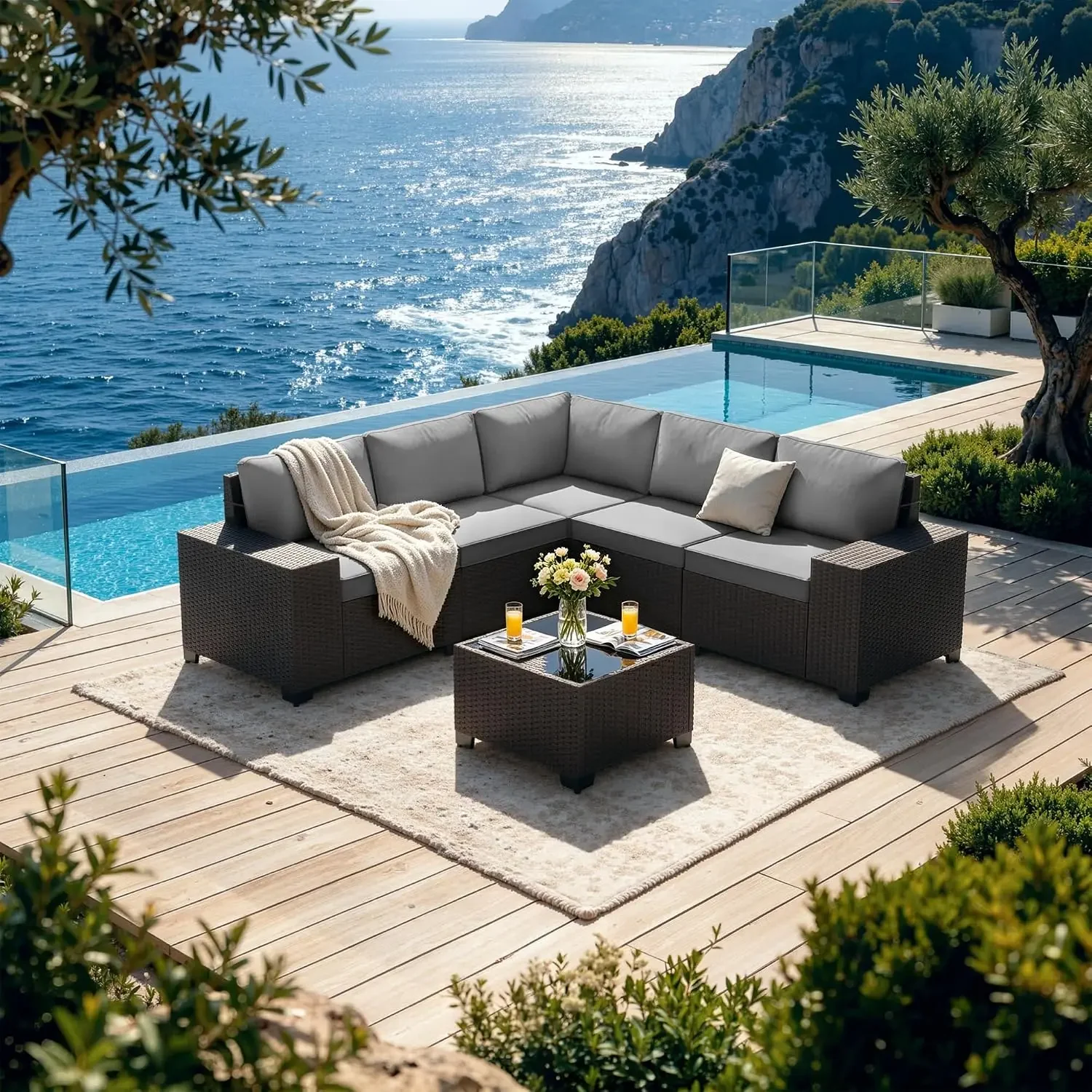 Patio Furniture Set 6 Pieces Outdoor Sectional Sofa Set,PE Rattan Wicker Patio Conversation Set with Thickened Cushions and Glas