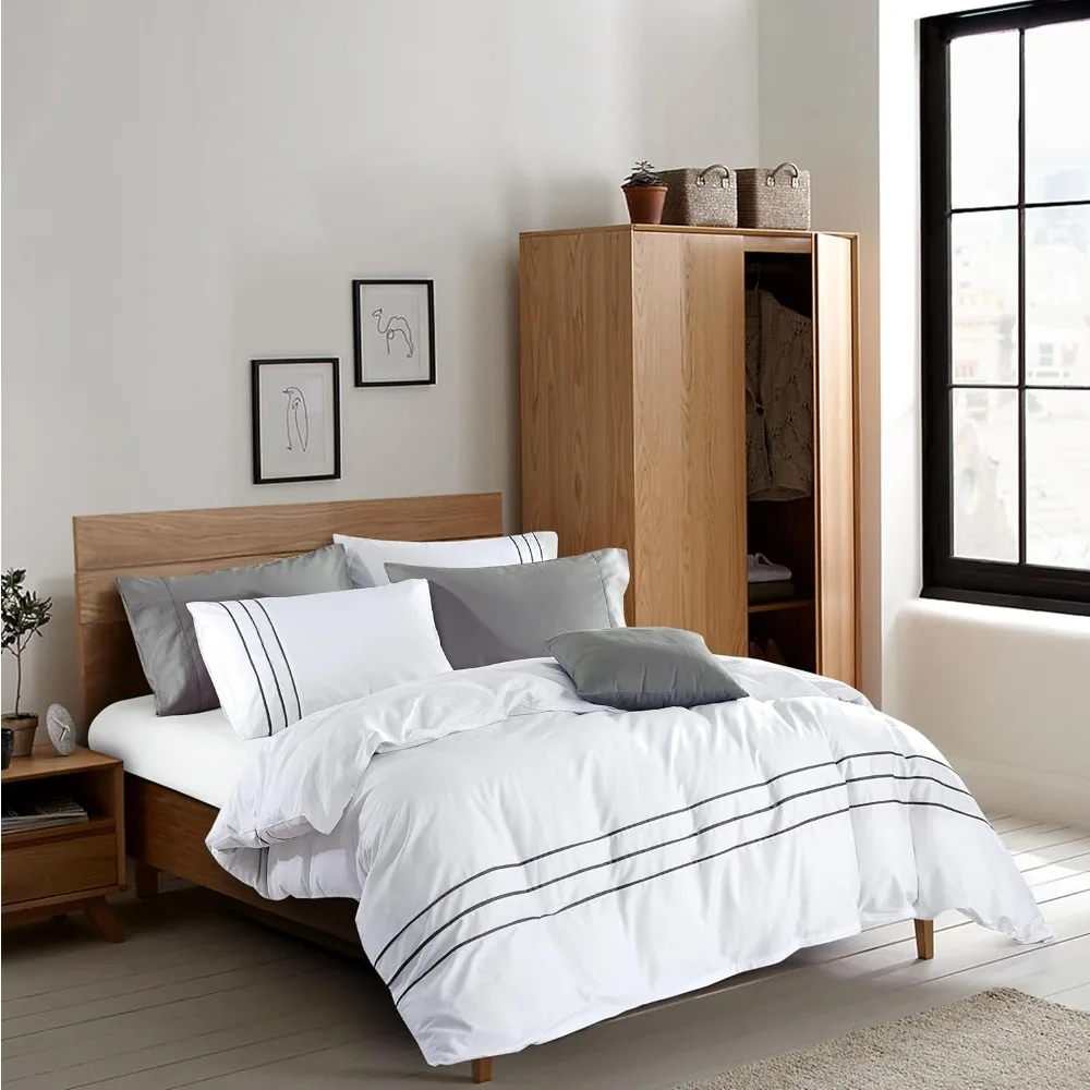 

White Duvet Cover Set with Grey Stripe Trim, 100% Cotton, 300 Thread Count, Soft Sateen