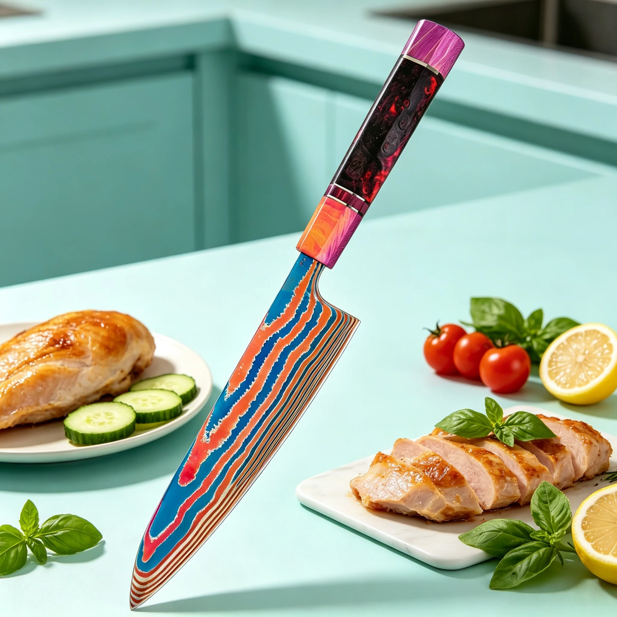 Premium Titanium Damascus Steel Chef Knife Kitchen Cut Meat Knife Vegetable Fruit Slicing Knife Utility Knife Tool Cooking Tools