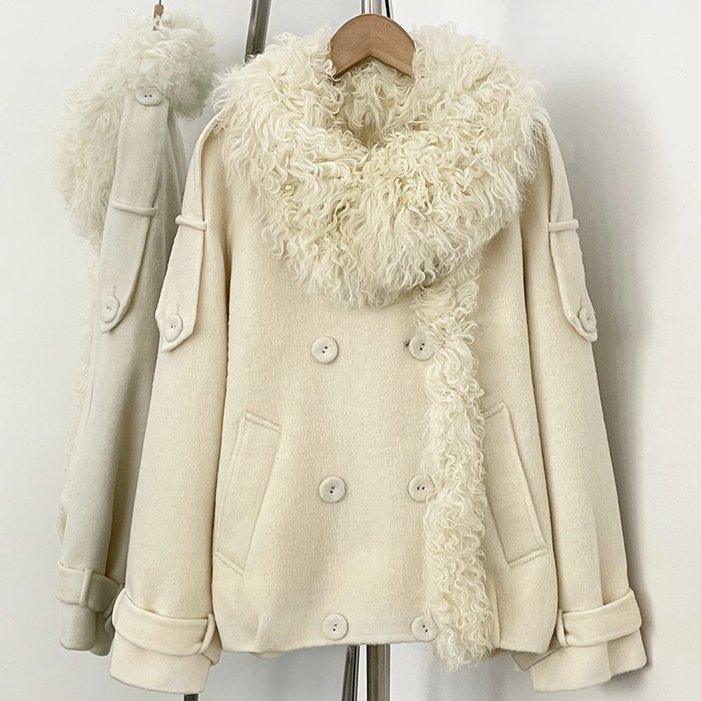 Women's Luxury Woolen Coat with Tie Waist Soft Warm with Fur Collar Detail Winter Wool Outerwear Comfortable Coat for Daily Wear