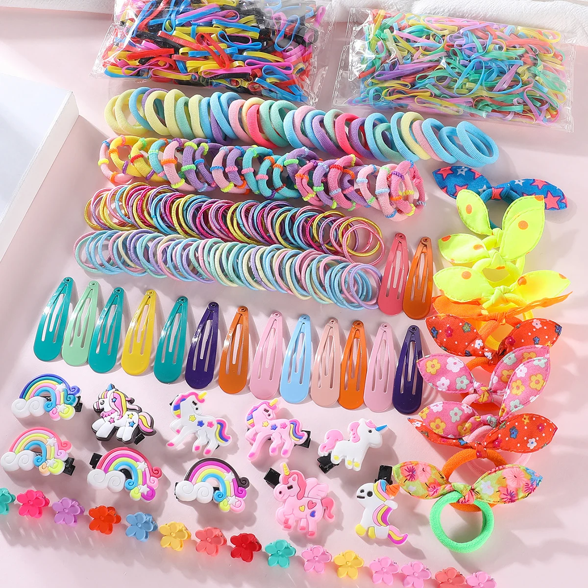 900Pcs Girls Hair Accessories Set Colorful Hair Band Children Hair Ties Cute Cartoon Hair Clips Kids Ponytail Rubber Band