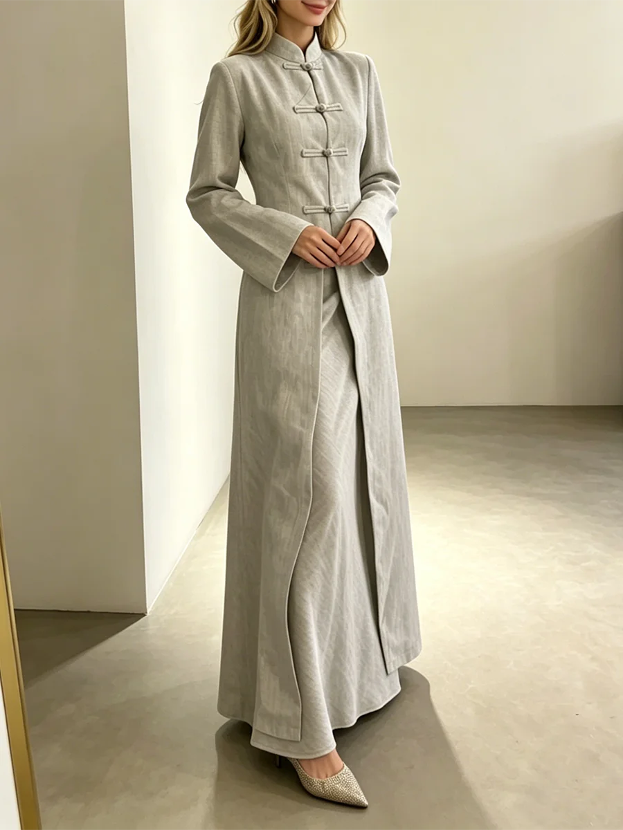 TWOTWINSTYLE Solid Slimming 2 Piece Set for Women Roune Neck Long Sleeves Spliced Buttons Top Patchwork Zipper Skirt Set Female - Image 3