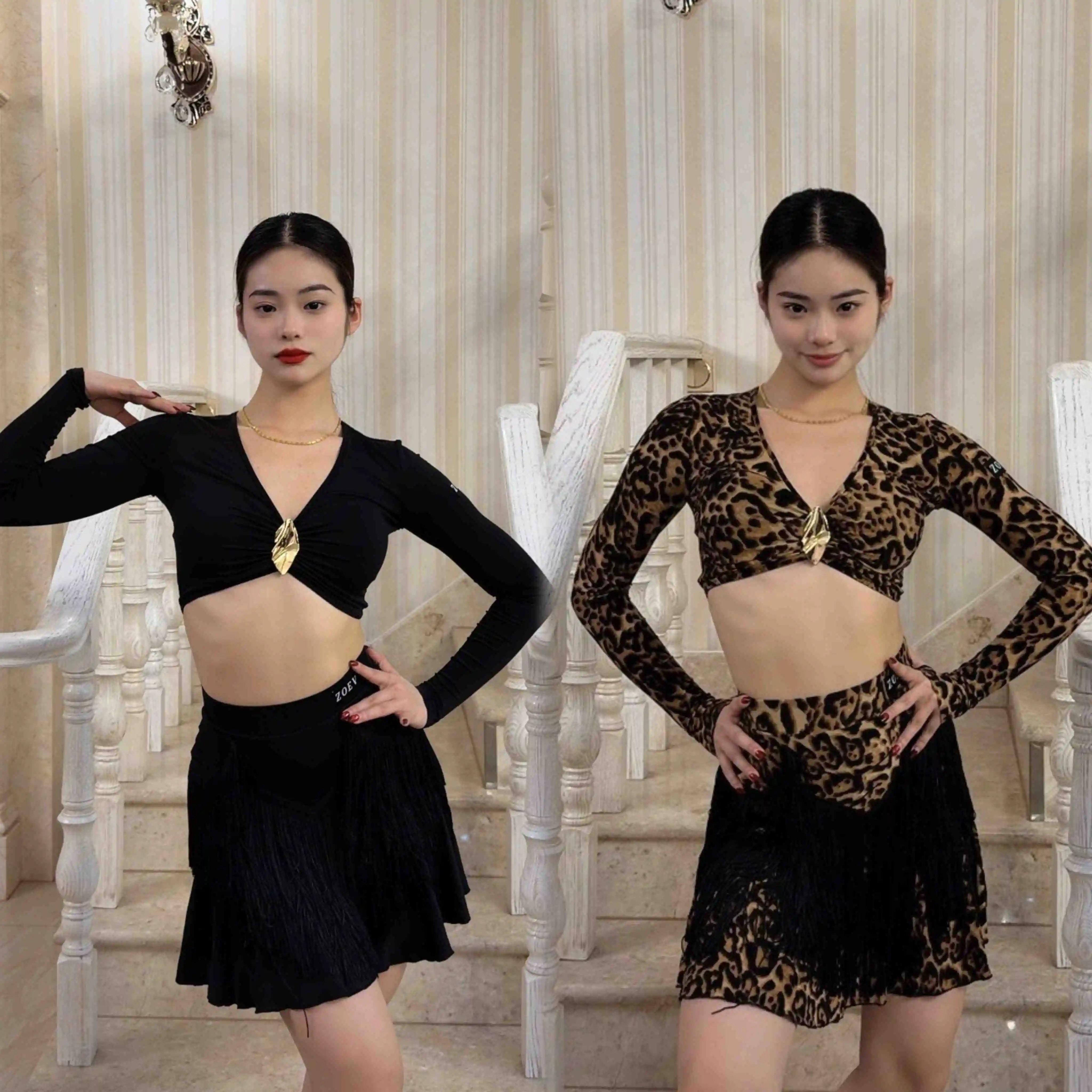 

Latin Dance Practice Clothes Women V Neck Long Sleeves Short Tops Fringe Skirt Adult Sexy Rumba Cha Cha Dance Costumes DNV26149