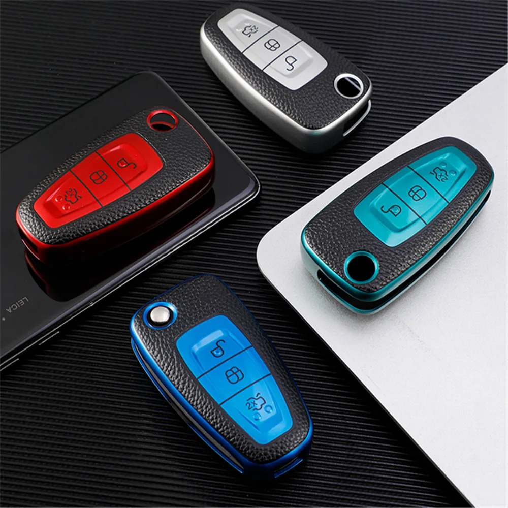 Leather TPU Car Key Case Cover for Ford Ranger C-Max S-Max Focus Galaxy Mondeo Transit Tourneo Custom Auto Key Holder Keychain