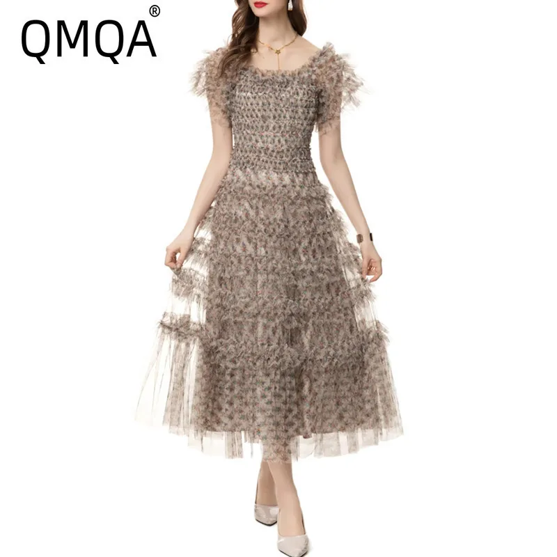 QMQA Fashion Women's Print Dress Slant Neck Short Sleeve Ruffle Flower Printed Elegant Party Dress Designer New Clothing 1A594