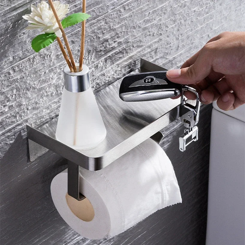 Toilet Paper Holder Wall Self Adhesive Roll Paper Holder Anti-Rust 304Stainless Steel Phone Holder Towel Rack Shelf for Bathroom