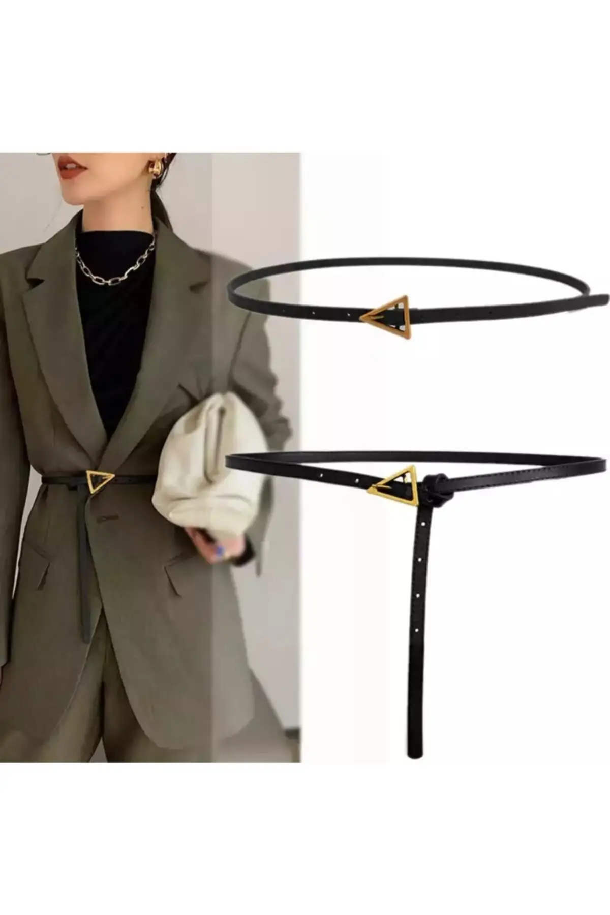 Women's Thin Triangle Gold Buckled Gusset Leather Belt Women 'S Trend Fashion Lady Belt