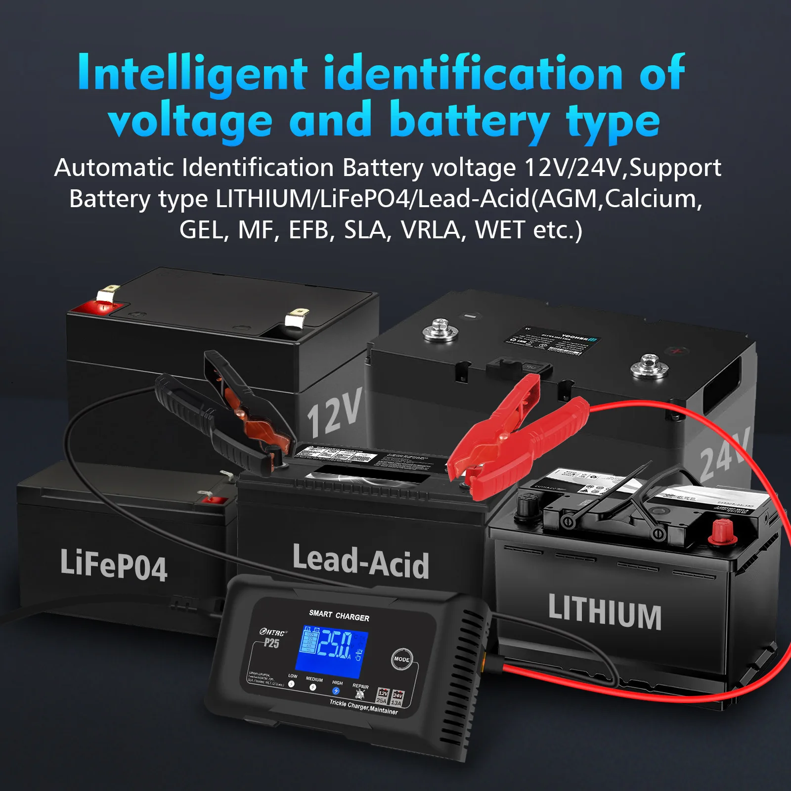 HTRC 12V 25A Car Auto Battery Charger 24V 13A Smart Repair Charge for Truck Motorcycle Lead Acid Lifepo4 Battery AGM GEL Lithium