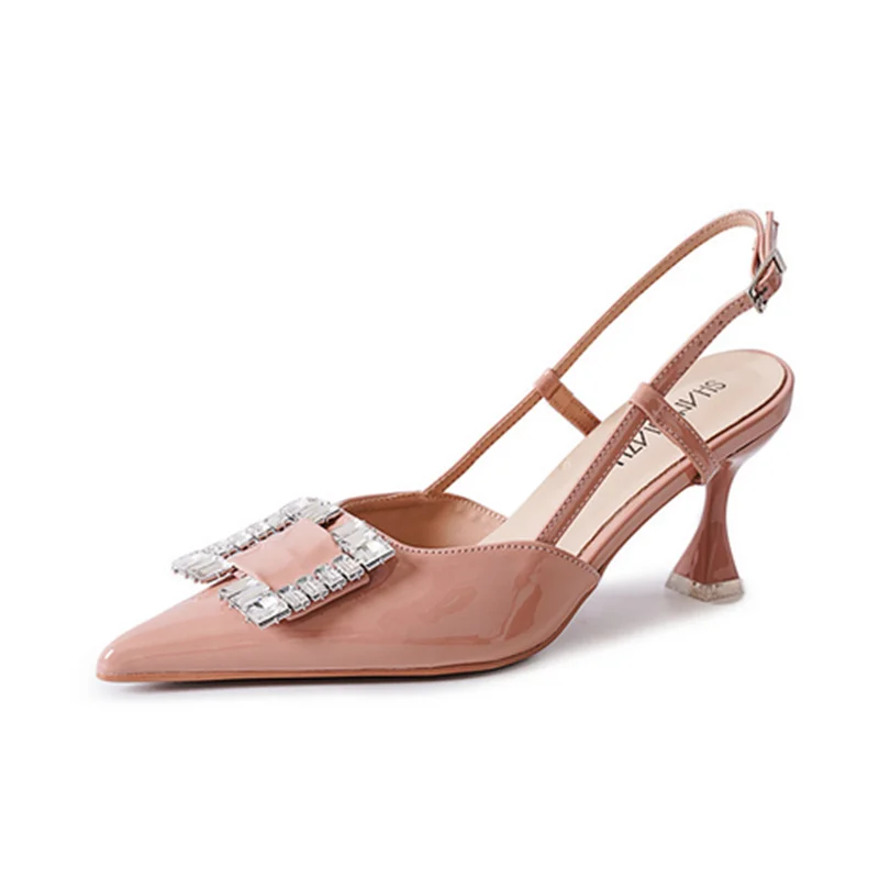 Lady Crystal Buckle Sandals Back Strap Shoes Pointy Toe Shiny Leather Chaussure Kitten Heels 7cm British Style Pumps In Pinkish