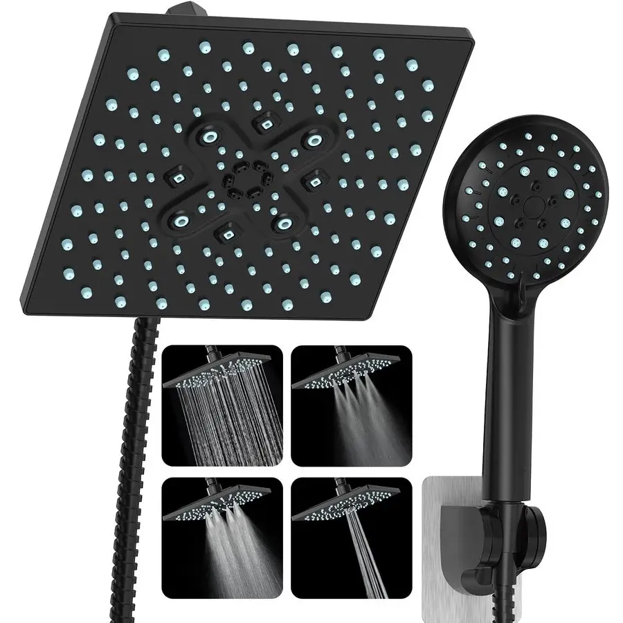 

High Pressure Rain Shower Head with Handheld, MultiFunctions Square Rainfall Shower Heads with 5Mode Handheld Spray Combo, Detac