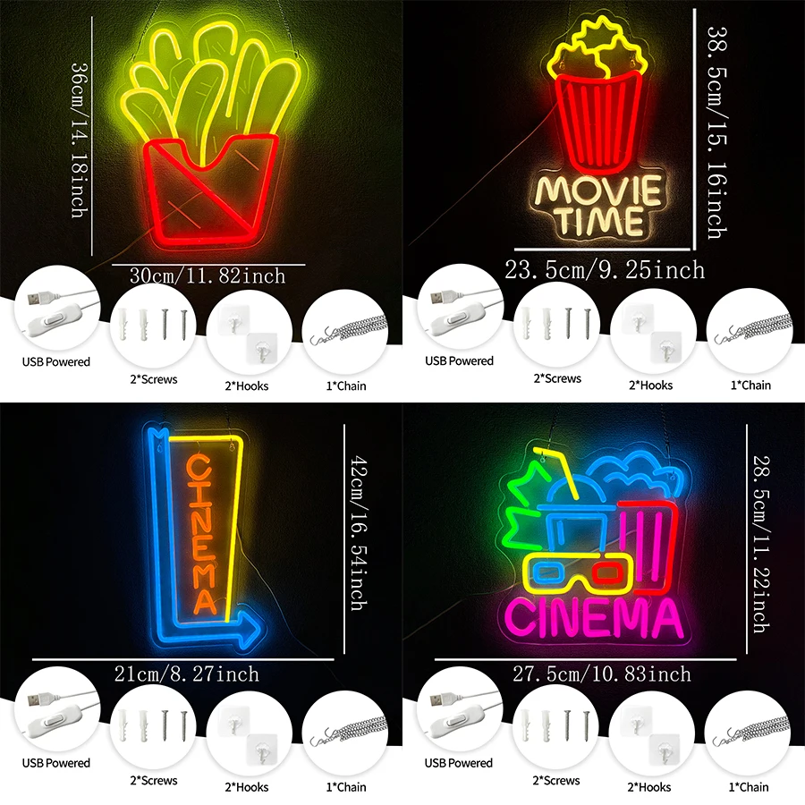 Cinema Led Neon Sign, Popcorn And Drink Icon Theater Decor, Usb Powered, Used For Bar Parties, Man Caves, Movie Room Gifts.