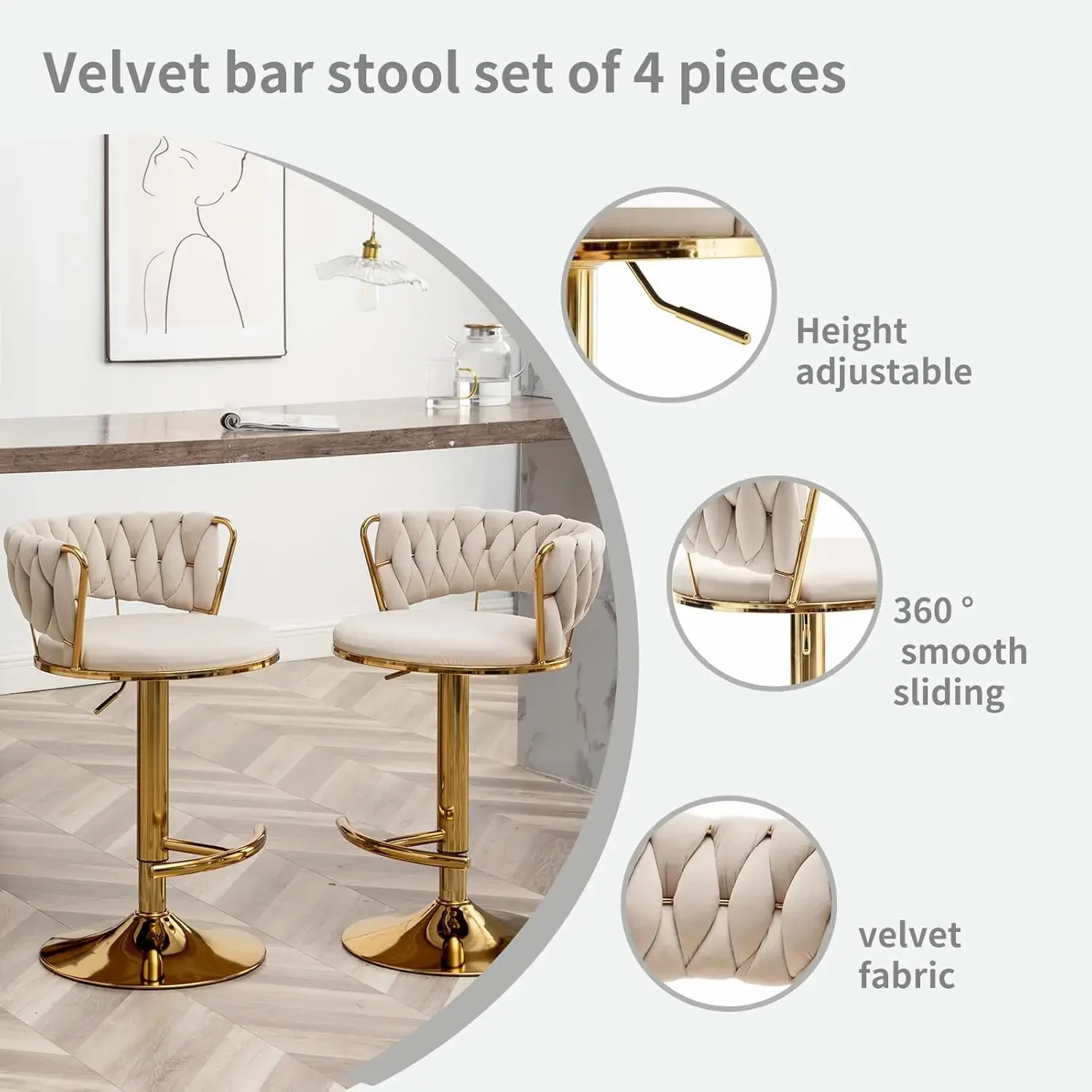 Gold Bar Stools Set of 4, Counter Height Bar Stools with Low Back, Velvet Adjustable Height Barstools, 360° Swivel Bar Stools