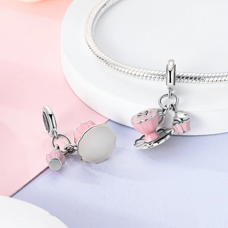 European Retro style 925 Sterling Silver Light Pink Floral Tea Cups and Small Cakes Dangle Charm Fit DIY Bracelet Neckla Jewelry