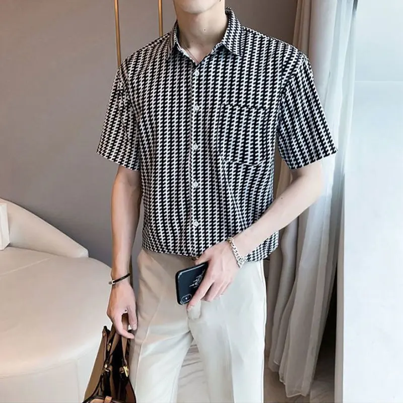 Business Casual Striped Printed Shirts Men's Clothing Turn-down Collar Summer Fashion Pockets Spliced Loose Short Sleeve Shirts