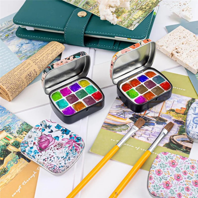 

EDT-16 Pack Mini Empty Watercolor Palette Tin Watercolor Palette 12 Wellswith Lids Watercolor For Travel