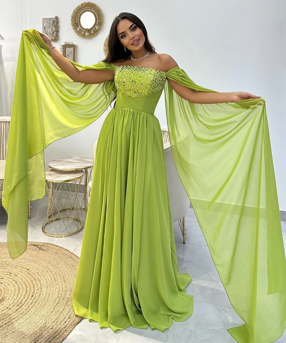 Customized Exquisite Chiffon Pleat Sequined A-line Off-the-shoulder Long Dresses Bespoke Occasion Dresses Fashion