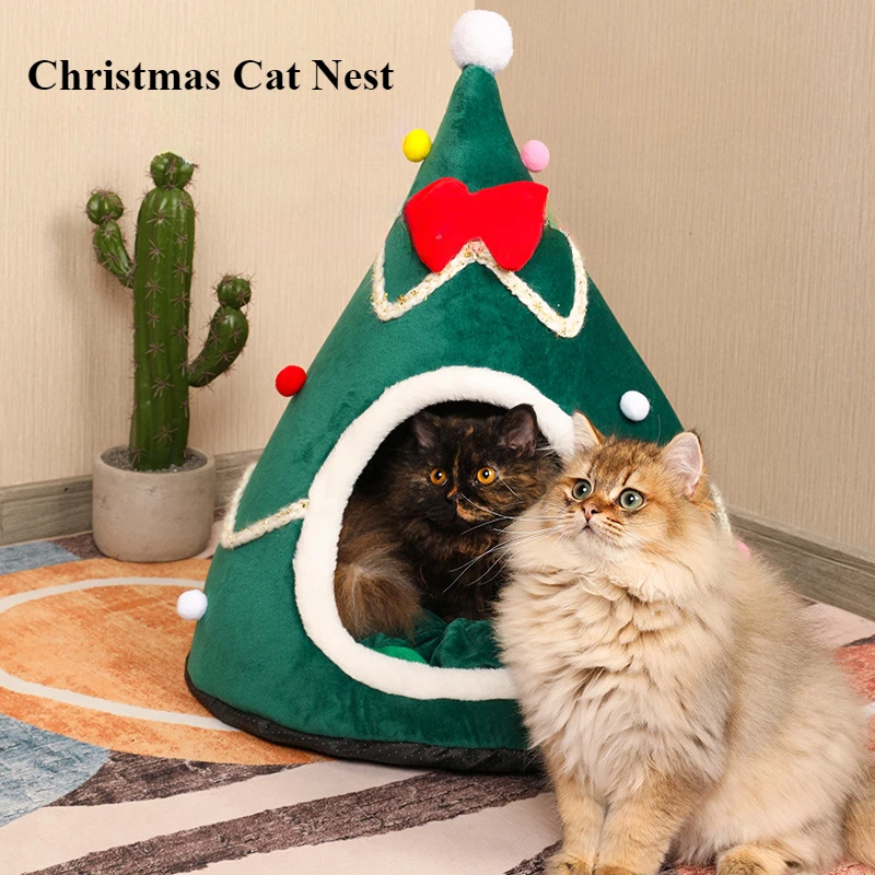 ペットの巣クリスマスツリー猫の家テディベッド半密閉型穴のあるテント中型および大型のペットに適しています冬2024