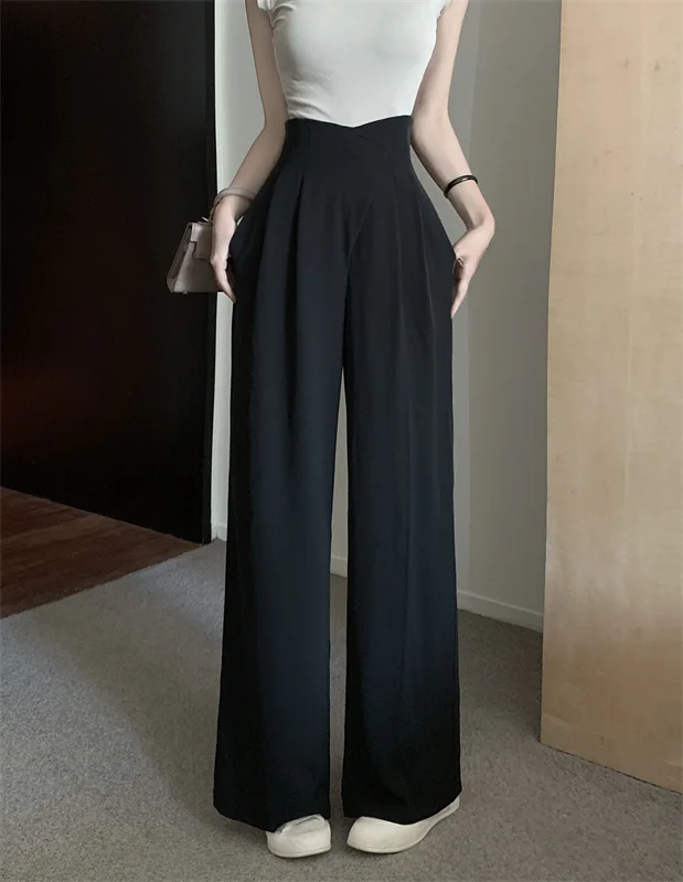 

Корейские брюки с высокой талией, женские повседневные свободные прямые длинные брюки, утягивающие универсальные широкие брюки