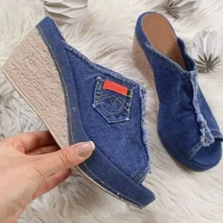 Women Shoes Summer New Cowboy Slippers Fashion Retro Wedge Platform Beach Shoes Female Peep High Heels Sandalias Mules