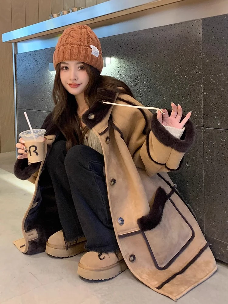  เสื้อโค้ทขนแกะสำหรับผู้หญิง ฤดูหนาว ผ้าฝ้ายเสริมความอบอุ่น ปกขนสัตว์ ติดกระดุม ความยาวปานกลาง สไตล์เกาหลี