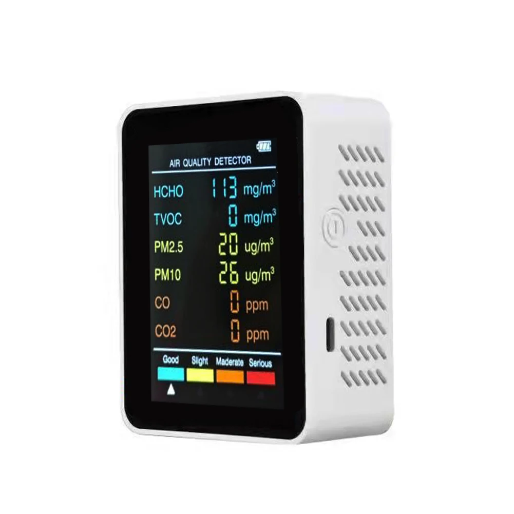 Detector de qualidade do ar para testar pm2.5/pm10/hcho/tvoc/anóxido de carbono/formaldeído 6 em 1 tela lcd multifuncional portátil