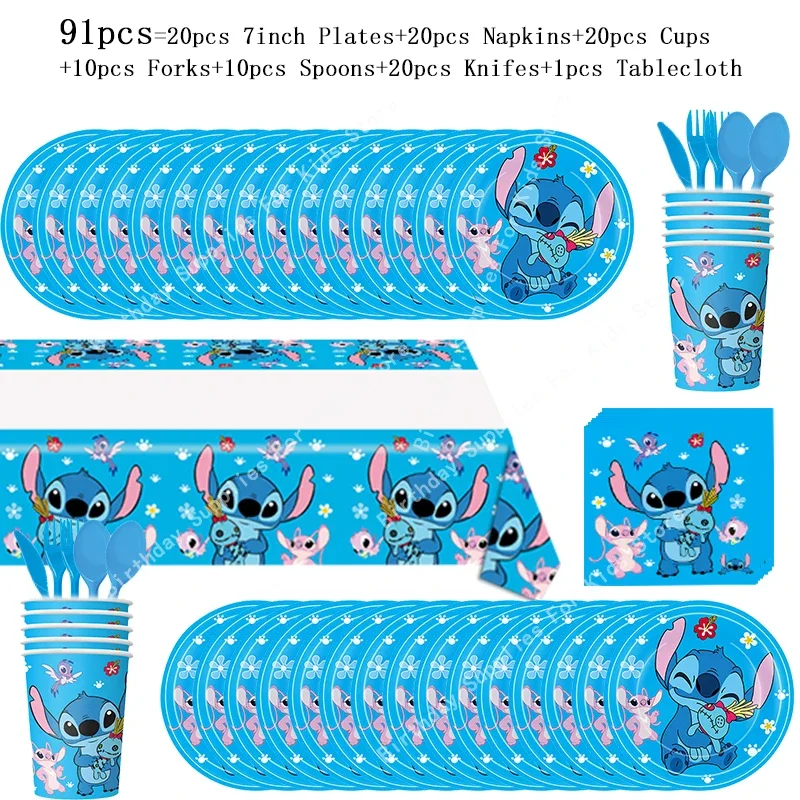 Disney-Decoraciones de Lilo Stitch para fiesta de cumpleaños, vajilla temática de puntada azul para niños, taza, plato, globo angular, suministros