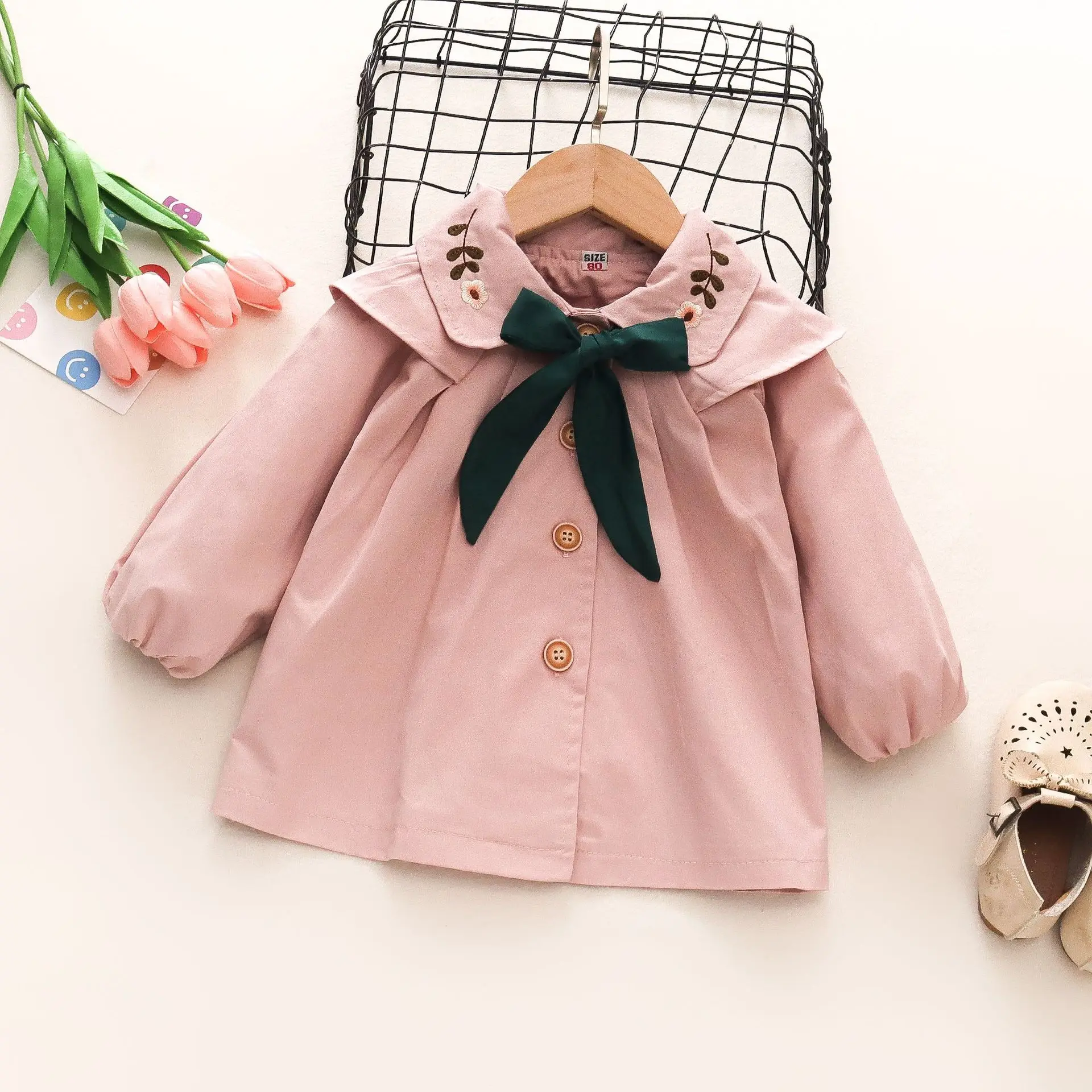 

Autumn Baby Girls Jacket Bowknot Flowers Kids Windbreaker Cute Children's Clothes Thin Trench Coat 0 to 3 Years Old Toddler