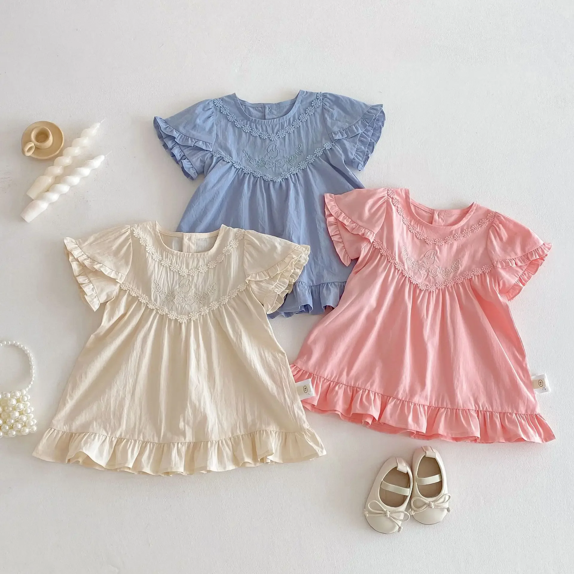 

Girls' Solid Color Dresses 0-5y Summer Korean Children's Clothing Baby Embroidered Ruffled Dress Kid's Outfit
