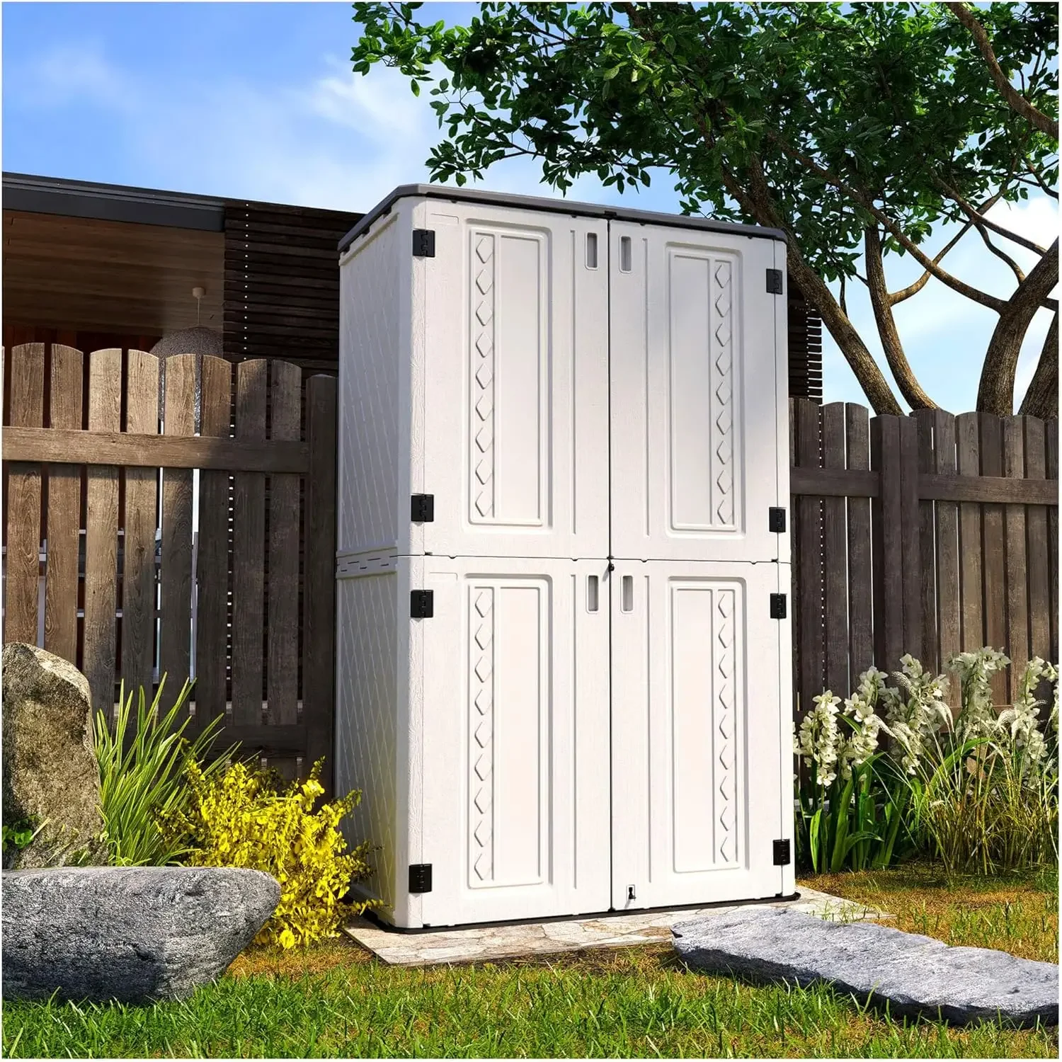 Outdoor Storage Shed, 53 Cu.ft Outdoor Storage Cabinet with Lockable Doors, Double Layer Resin Vertical Storage shed for Garden