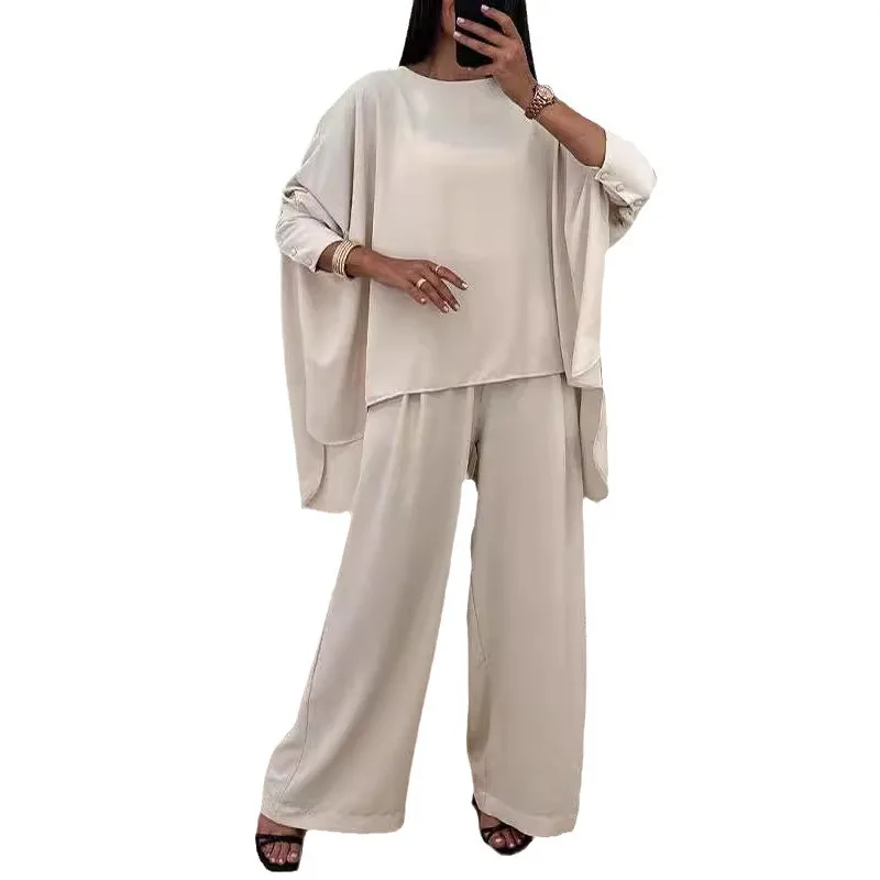 Conjunto de pantalones de calle informales holgados con diseño de manga de murciélago y cuello redondo para primavera y otoño 2025, Color sólido, 2025