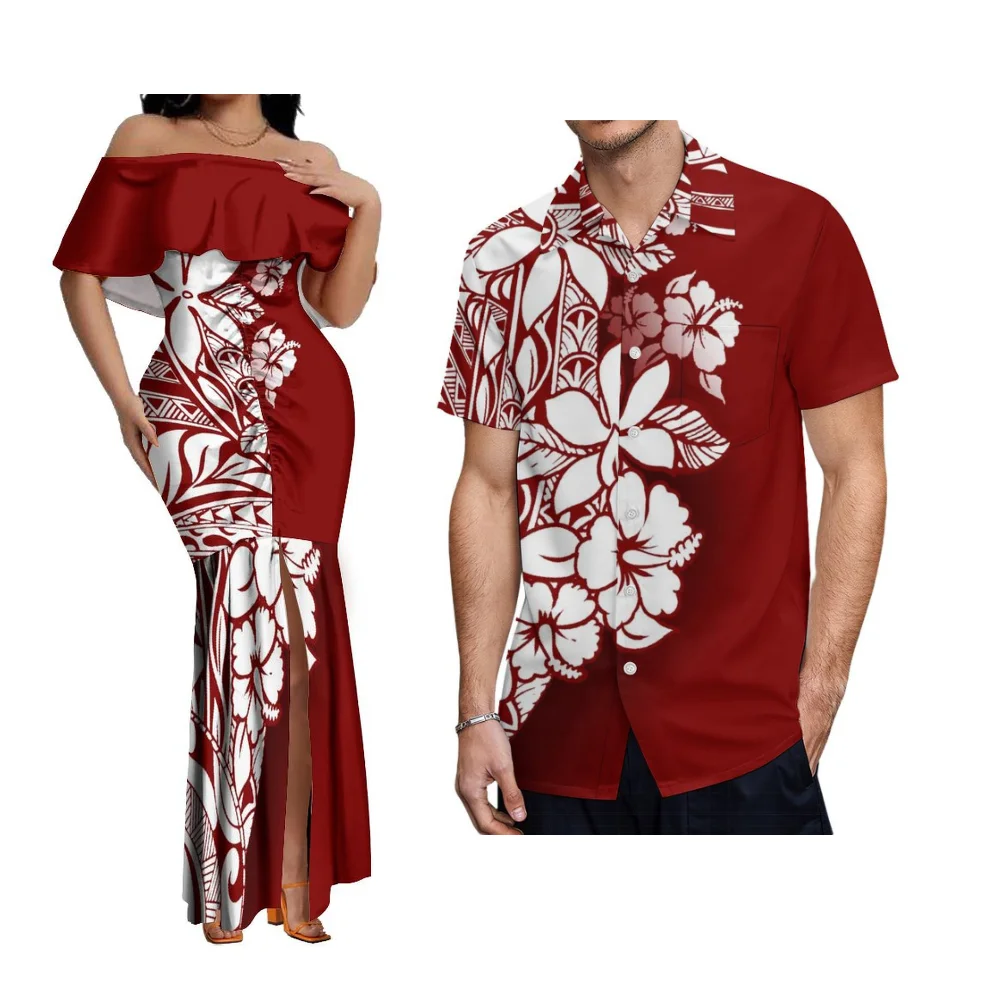 Yellow Floral Couple Set Women Off-The-Shoulder Slim-Fit Floor-Length Fishtail Dress Polynesian Island Samoan Men'S Aloha Shirt