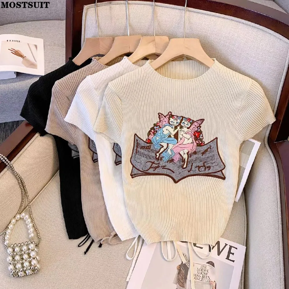 Cartoon Embroidered Slim Knit Sweater Tshirt Women Summer Stylish Fashion Elegant Tops Pullovers Short Sleeve Lace-up Knitwear