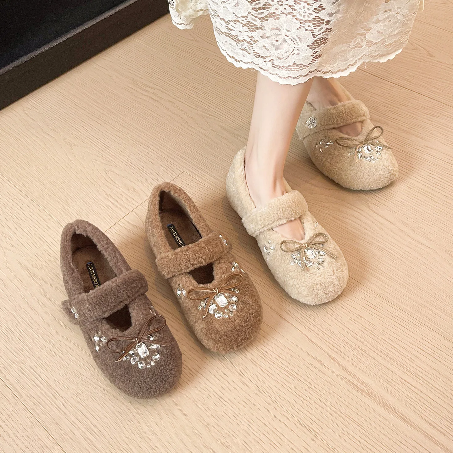 Women Rhinestone Flats Women Furry Mary Janes Elevator Shoe Women Round Toe Cotton Fluffy Fur Loafers Shoes Femme Fashion