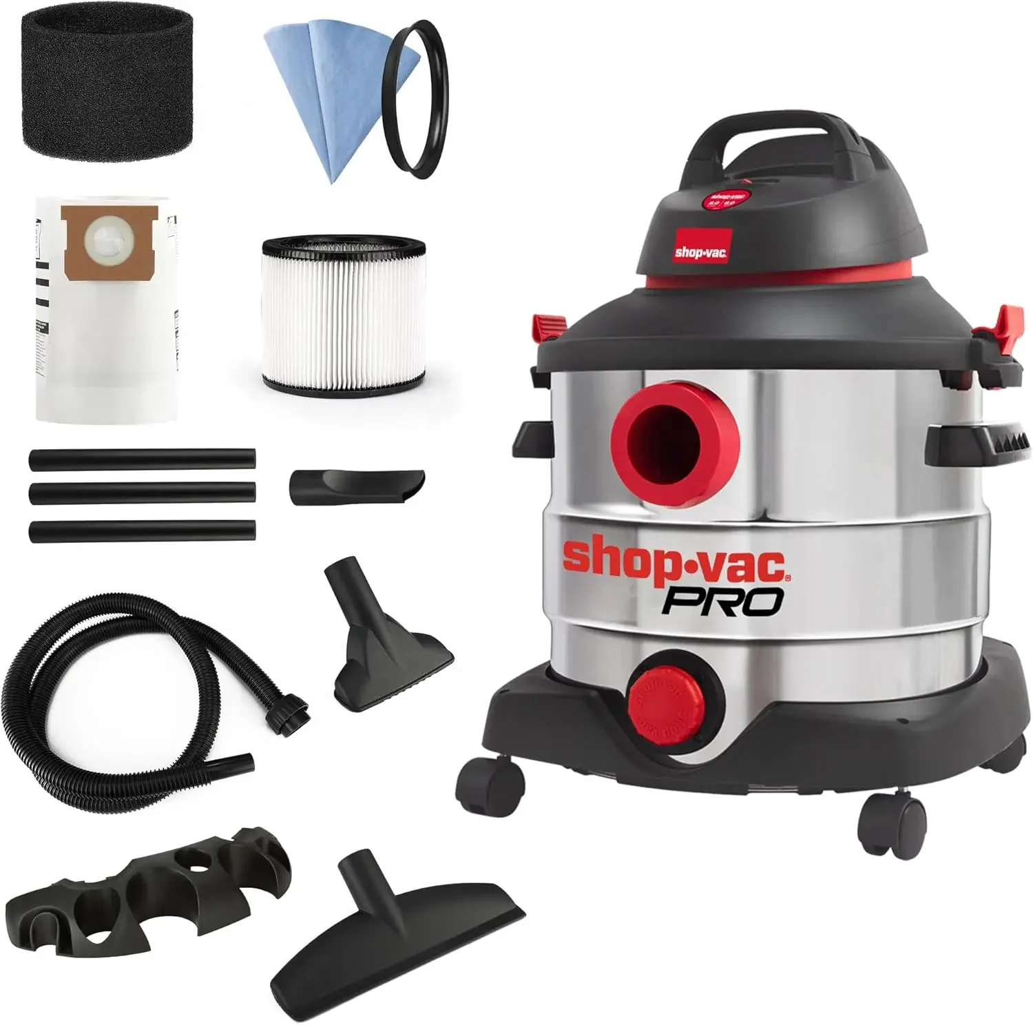 Shop-Vac Wet and Dry Vacuum, Tanque de aço inoxidável, Aspirador portátil com acessórios multifuncionais para Jo, 8 galões, 6,0 HP pico