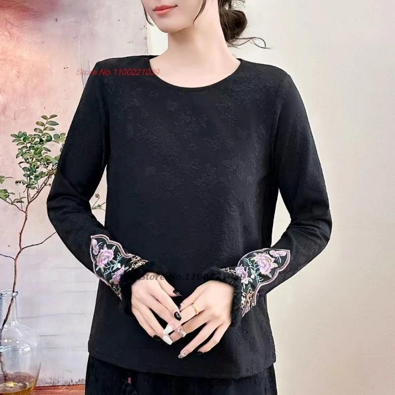 

2025 г., жаккардовая рубашка с круглым вырезом и национальной цветочной вышивкой, восточные топы ханьфу, традиционная рубашка на флисовой подкладке, ретро, этническая базовая рубашка