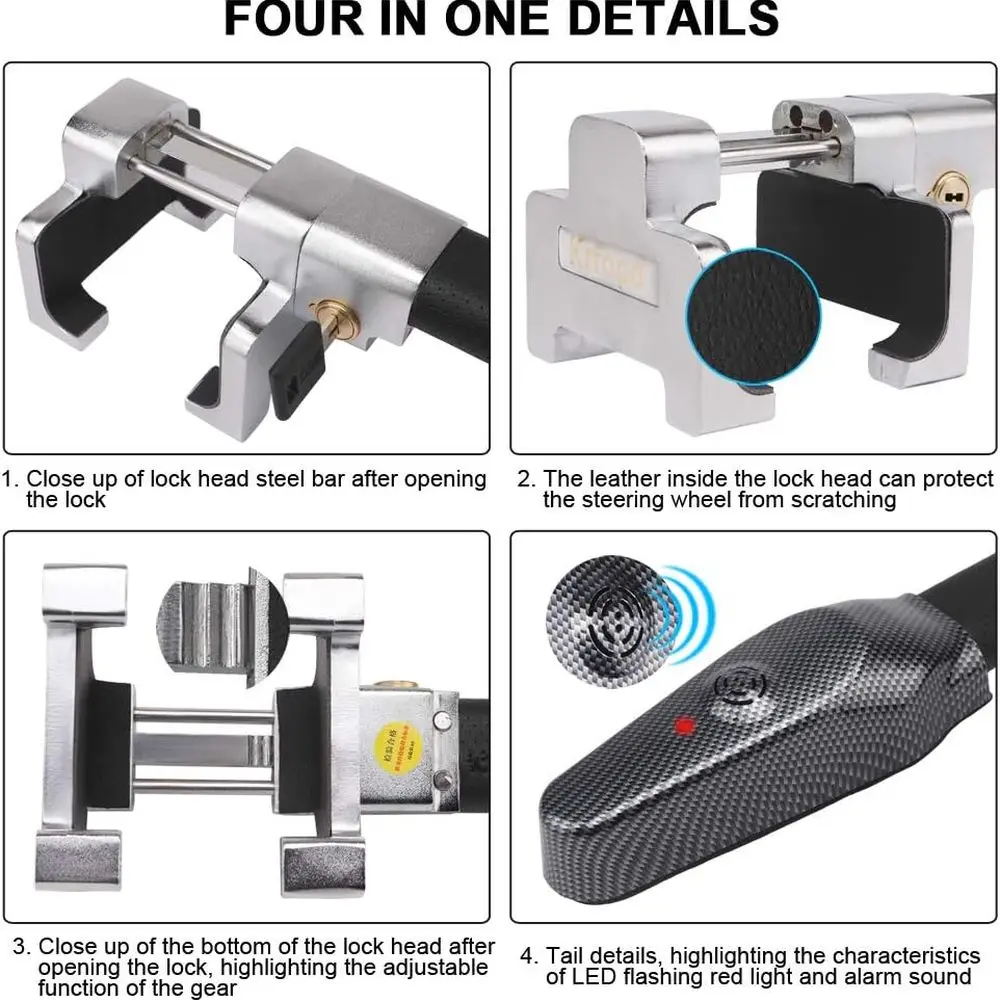 Steering Wheel Lock Anti-Theft Device with Alarm Security Car Anti Theft Safety Lock Retractable Protection T-Lock