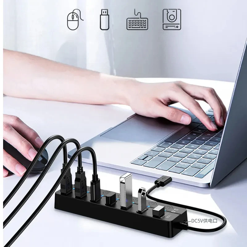 USB 3.0 Power Adapter 7 Port Multi USB Splitter Hub USB Hub 2.0 USB Multiple Expander Switch Cable Hub Docking Stations for PC