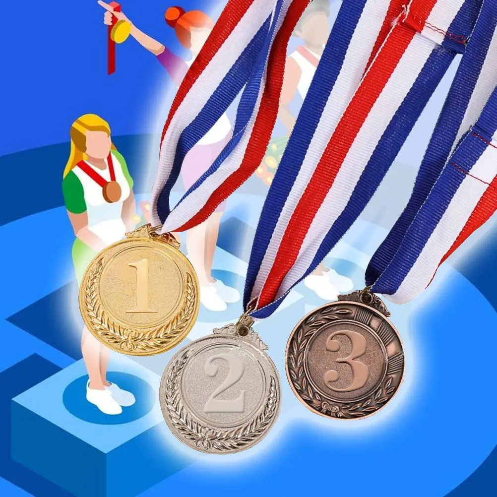 5Pcs Sports Medals Metal Award Gold Silver Bronze Neck Ribbon Diameter 5.1cm Competition Medals for Children Academic Sports