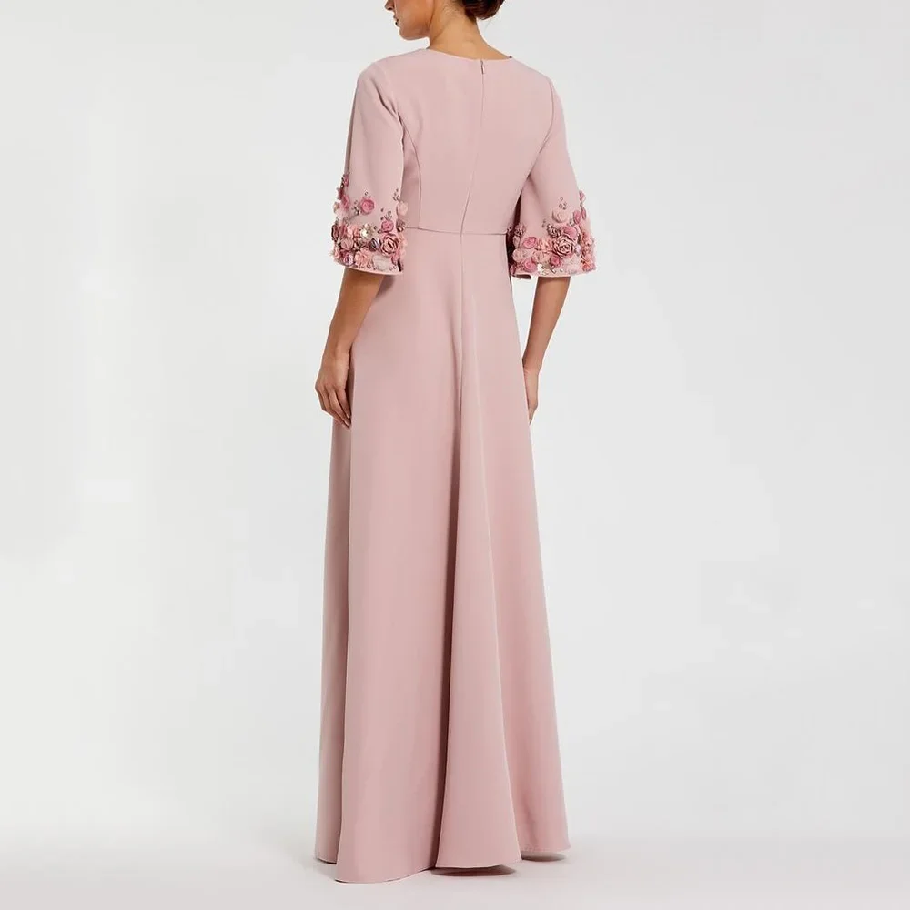 Elegant Pink Formal Evening Dress O-Neck Half Sleeve 3D Flowers A-line Satin Prom Celebrity Party Gowns Saudi Robe De Soirée