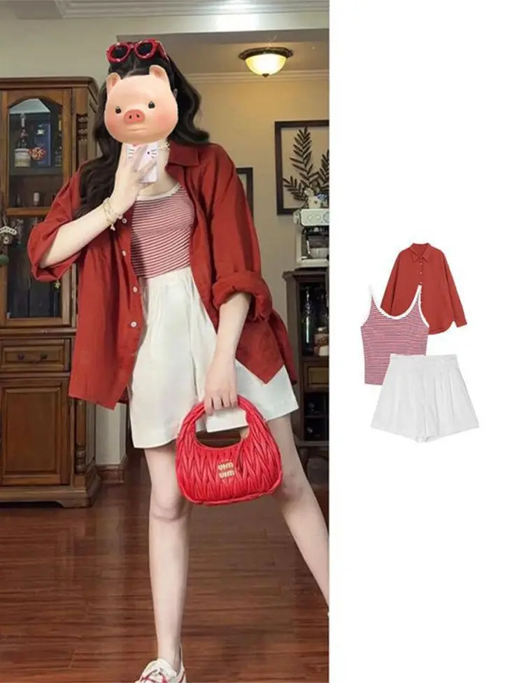 

Three-piece French Burgundy Sunscreen Shirt Summer 2024 New Suspenders + Loose Shirt Top + Short Sleeves Korea Clothing Set