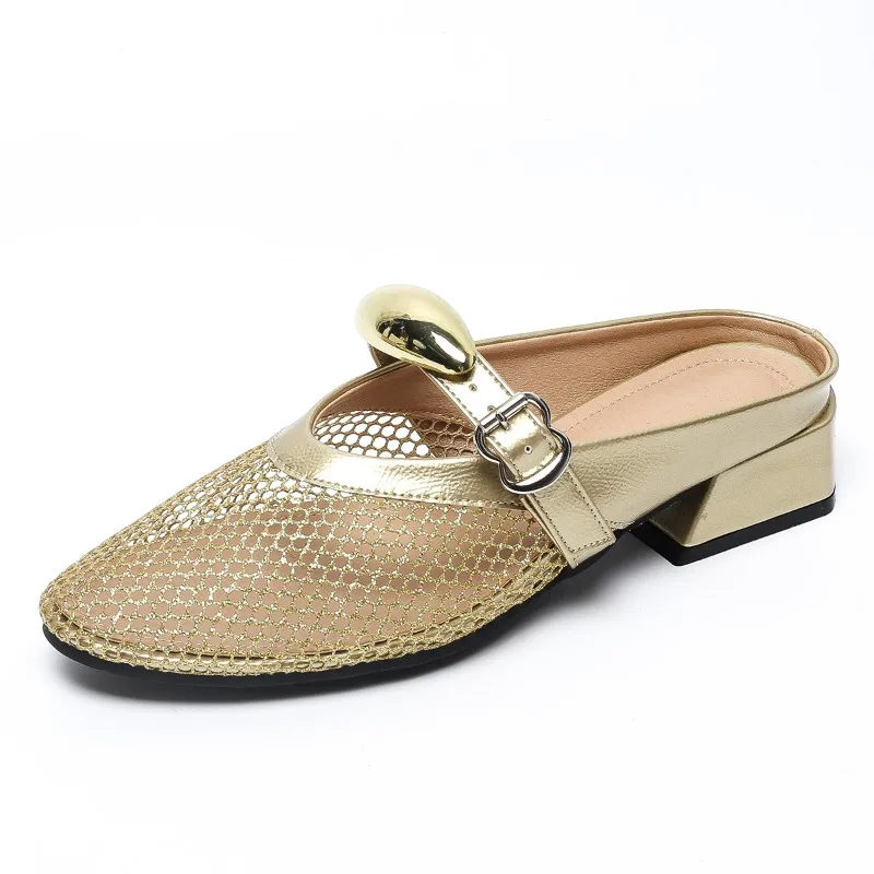 

Retro Flat Shoes Summer New Square Toe Fishing Net Breathable Hollow Outside Wear Slip-on Baotou Half Slippers