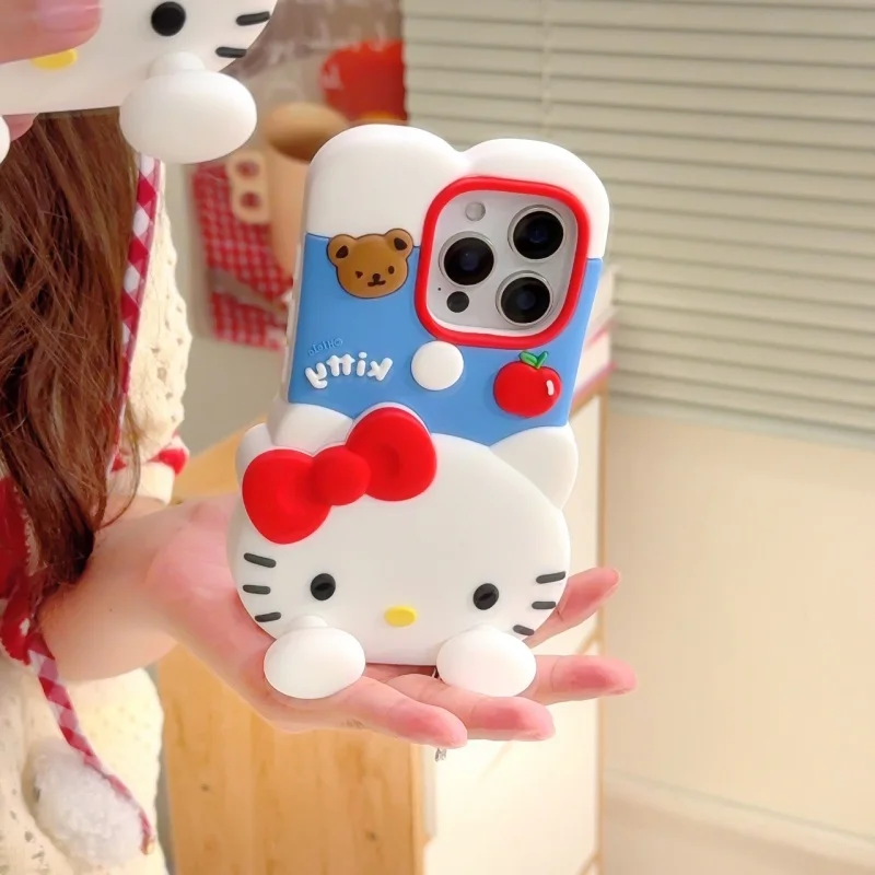 

Ins creative Cute Hello Kitty Cat paw Holder Soft silicone Phone Case For iPhone 13 14 15 16 Pro Max Bow Kitty Bear bracket
